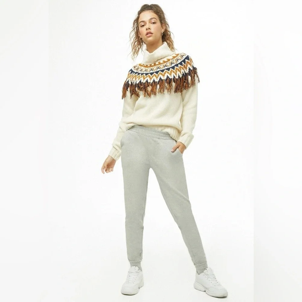 Forever 21 Cream Navy Blue Nordic Boho Fair Isle Fringe Sweater Women’s Sz M - Picture 2 of 8